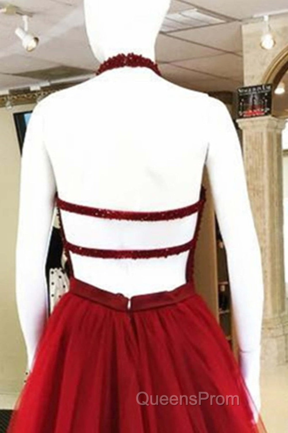 Halter Neck Open Back Beaded Burgundy Evening Prom Dress, Backless Burgundy Homecoming Dress, Short Burgundy Formal Evening Dress Secondary image