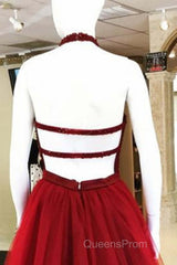 Halter Neck Open Back Beaded Burgundy Evening Prom Dress, Backless Burgundy Homecoming Dress, Short Burgundy Formal Evening Dress