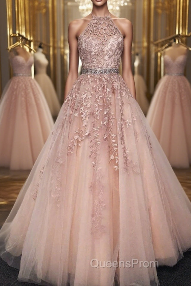 Halter Neck Pink Lace Long Evening Prom Dress with Belt, Pink Lace Formal Dress, Pink Evening Dress Main image