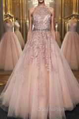 Halter Neck Pink Lace Long Evening Prom Dress with Belt, Pink Lace Formal Dress, Pink Evening Dress