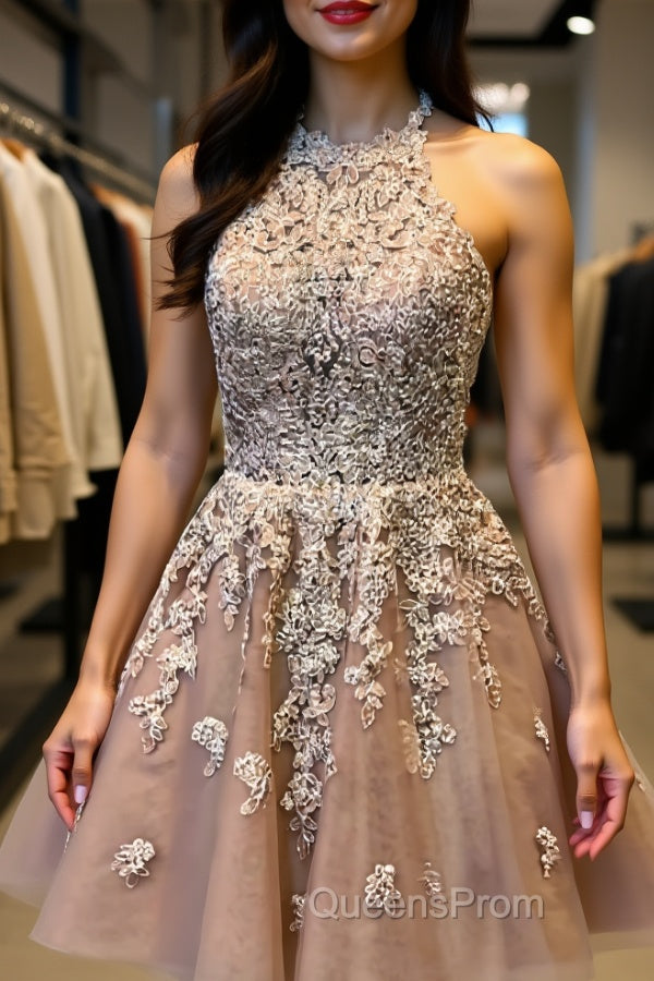 Halter Neck Short Champagne Lace Evening Prom Dress, Champagne Lace Formal Graduation Homecoming Dress Main image