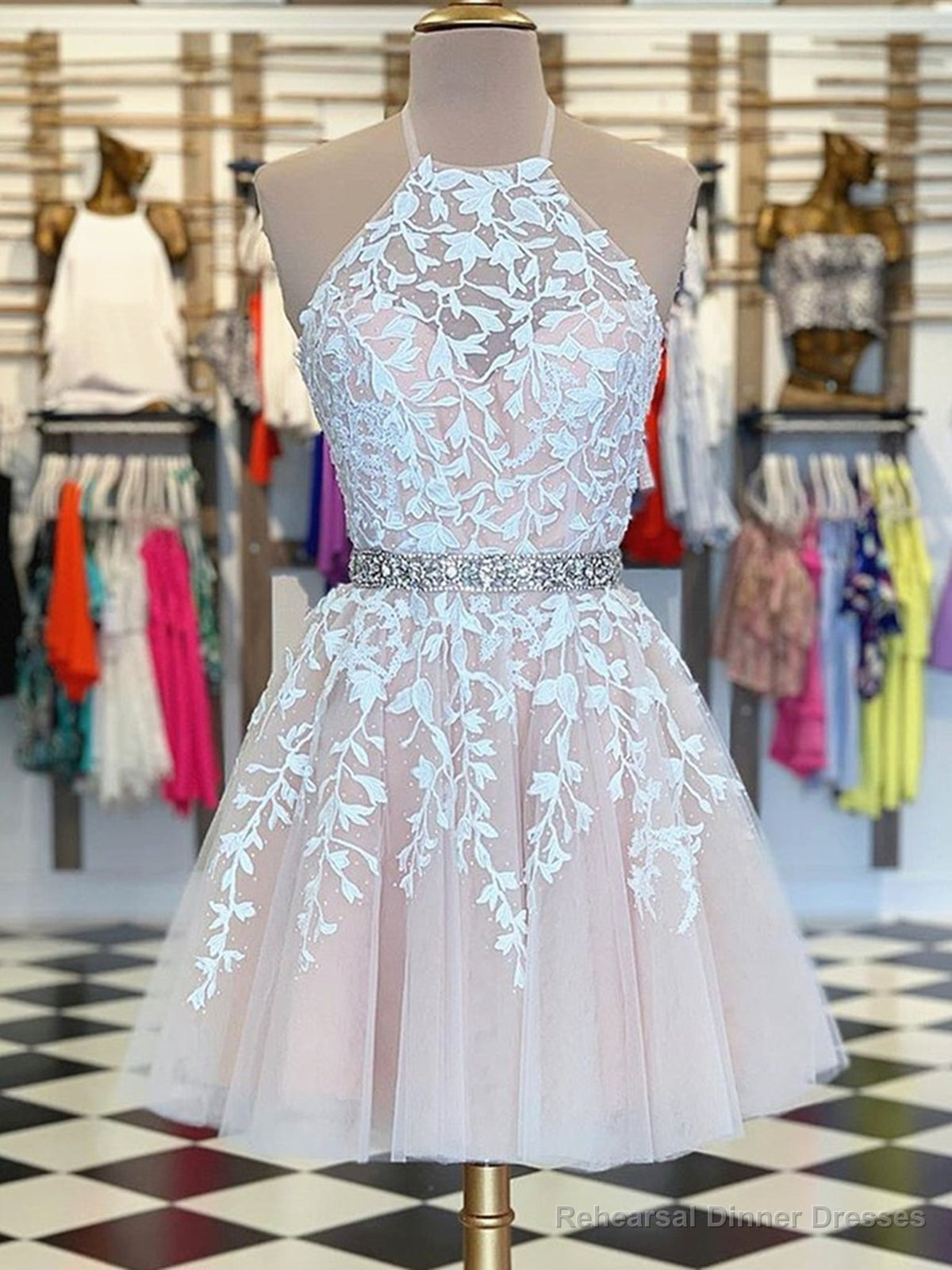 Halter Neck Short Champagne Lace Prom Dresses, Halter Neck Short Champagne Lace Homecoming Dresses