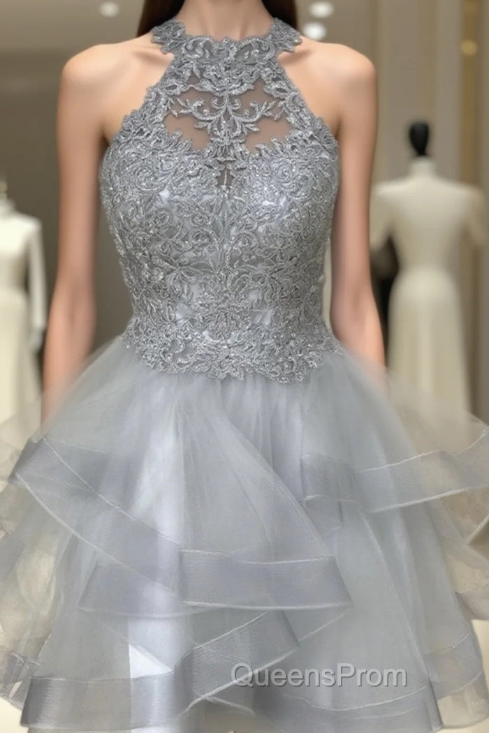 Halter Neck Short Gray Lace Evening Prom Dress, Short Gray Lace Formal Graduation Dress