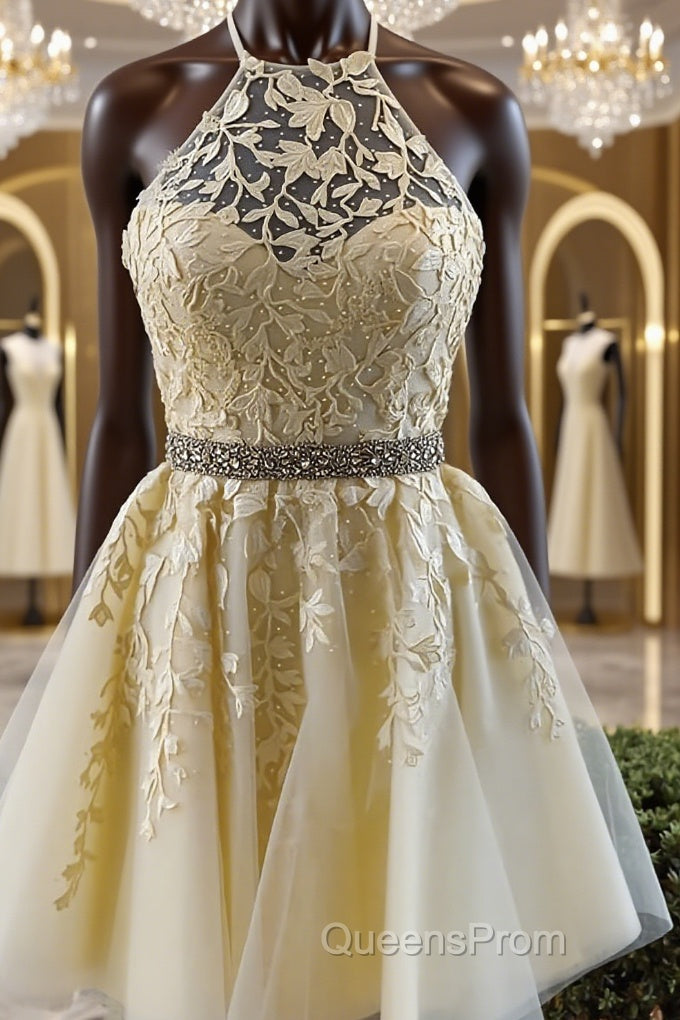 Halter Neck Short Yellow Lace Evening Prom Dressses, Backless Short Yellow Lace Formal Homecoming Dress Main image