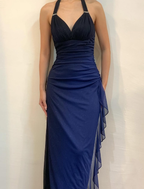 Halter Ombre Navy Blue Long Chiffon Classy Prom Dress