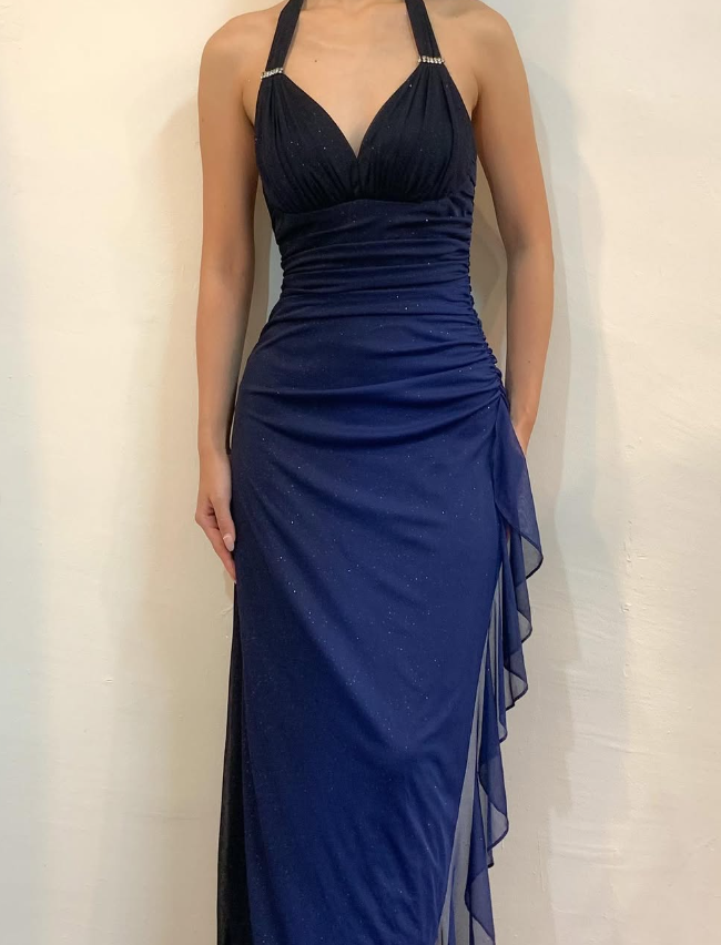 Halter Ombre Navy Blue Long Chiffon Classy Prom Dress