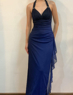 Halter Ombre Navy Blue Long Chiffon Classy Prom Dress