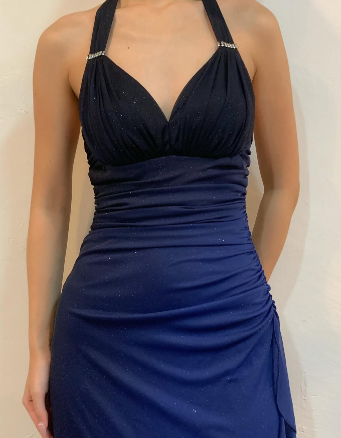 Halter Ombre Navy Blue Long Chiffon Classy Prom Dress