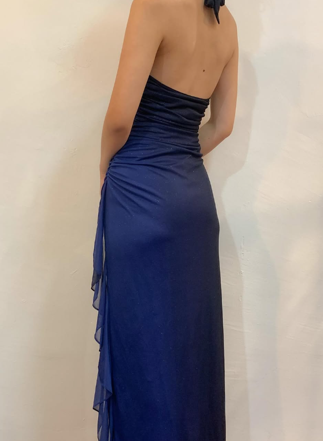 Halter Ombre Navy Blue Long Chiffon Classy Prom Dress