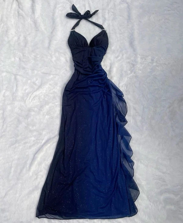 Halter Ombre Navy Blue Long Chiffon Classy Prom Dress