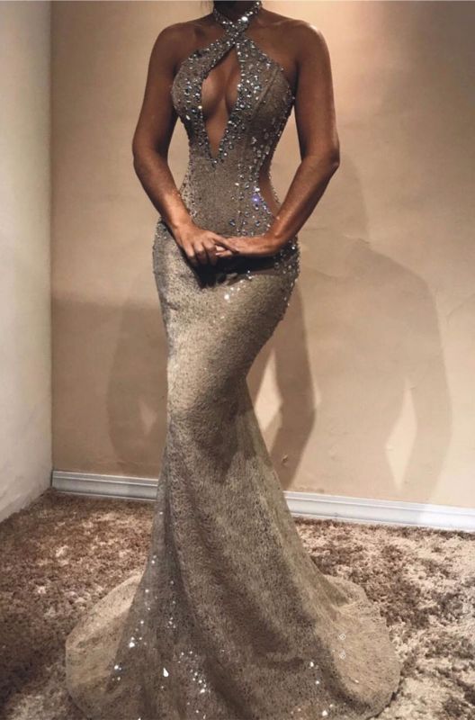Halter Open Back Long Classy Prom Dress Cheap Shiny Beads Crystals Illusion Mermaid Classy Gowns Main image