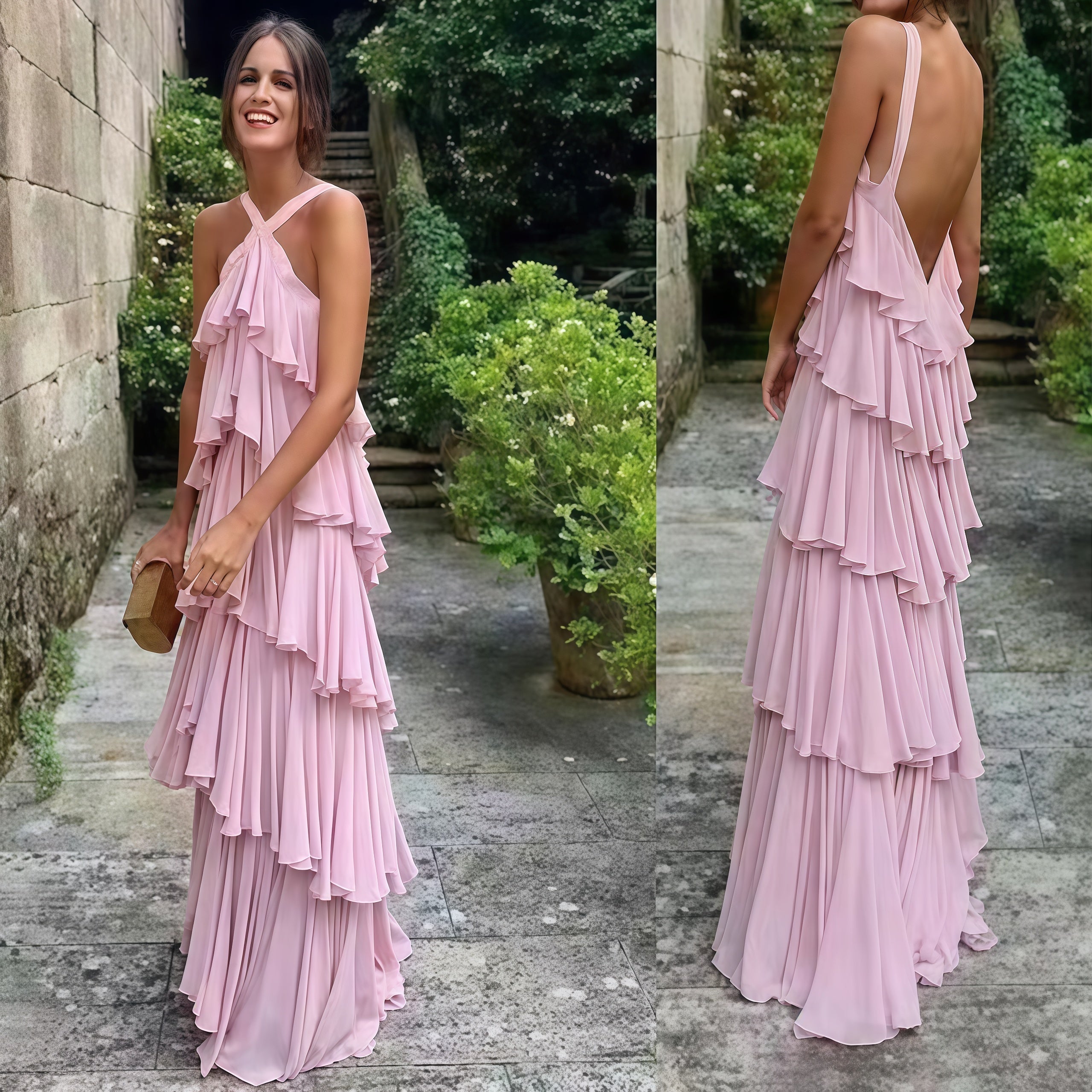Halter Pink Chiffon Long Classy Prom Classy Evening Dress Layers Chiffon Custom Made Party Dress