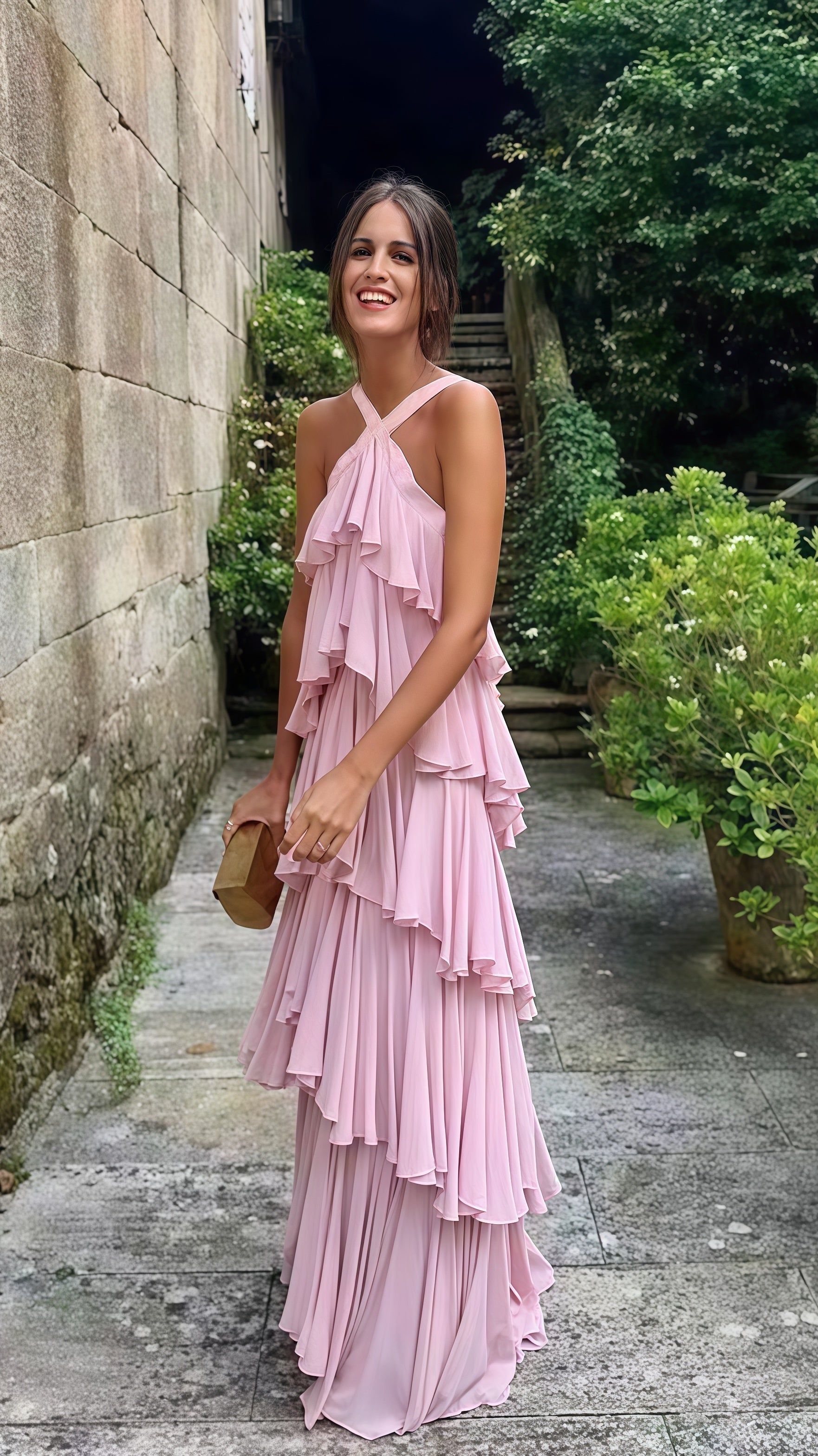 Halter Pink Chiffon Long Classy Prom Classy Evening Dress Layers Chiffon Custom Made Party Dress Main image