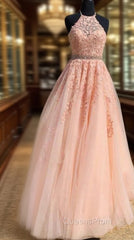 Halter Pink Lace Evening Prom Dress With Appliques,