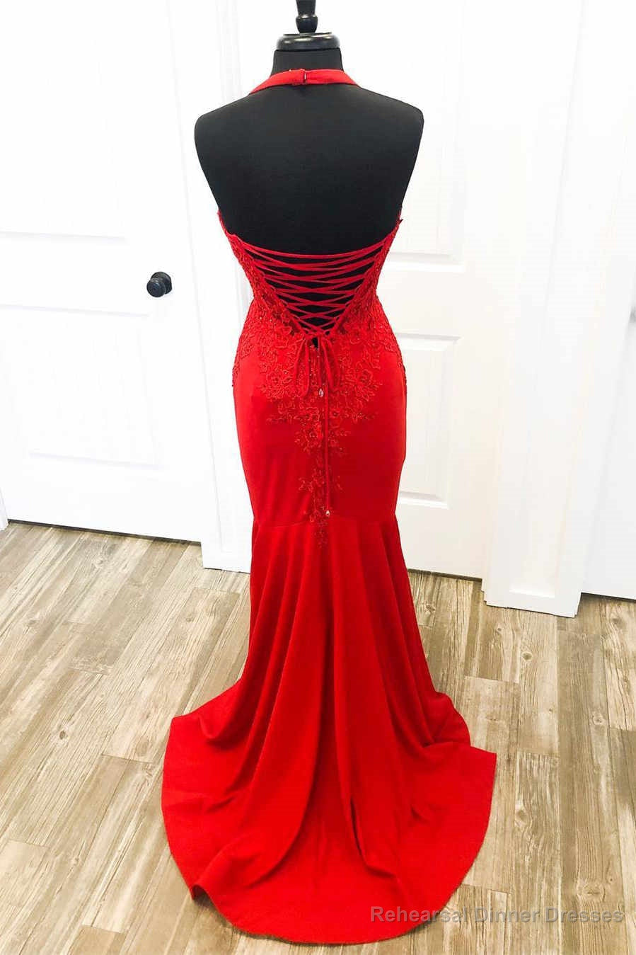 Halter Red Mermaid Long Prom Dresses Lace Appliques Secondary image