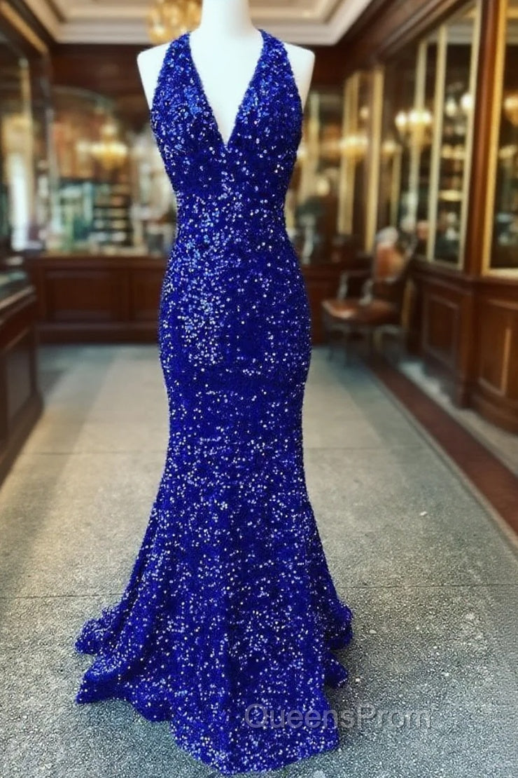 Halter Royal Blue Sequin Evening Dress Uk Long Evening Prom Dress Main image