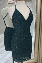 Halter Sequin Sheath Dark Green Homecoming Dress