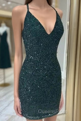 Halter Sequin Sheath Dark Green Homecoming Dress