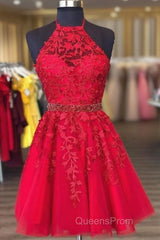 Halter Short Red Homecoming Dress With Lace Appliques And Beaded Band