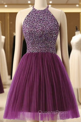 Halter Sleeveless Short Purple Homecoming Dress Evening Prom Dress