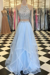 Halter Two Piece Beading Blue Ruffles Tulle Evening Prom Dress