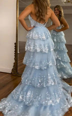 Halter V-Neck Appliques Ruffles Long Classy Prom Dress