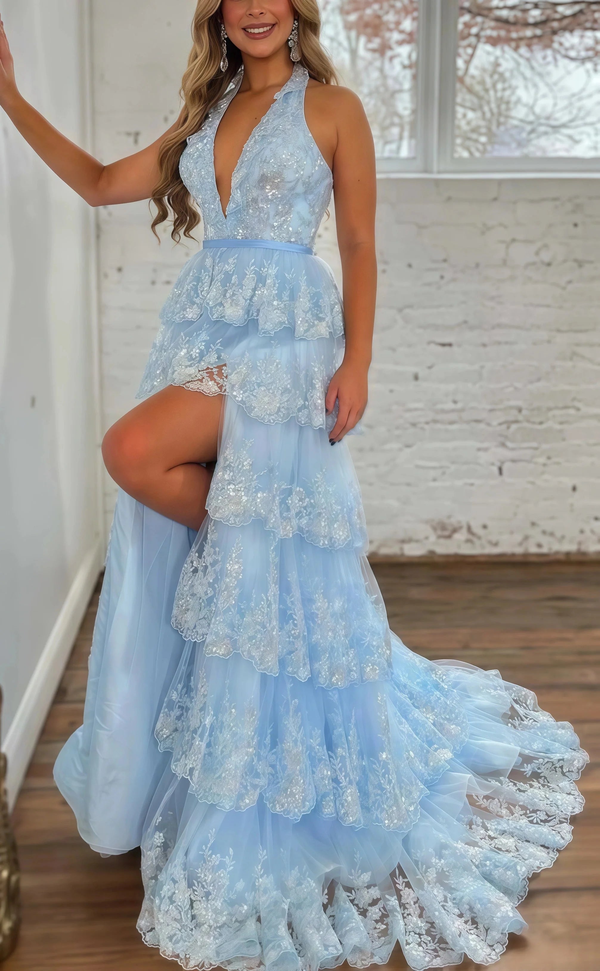 Halter V-Neck Appliques Ruffles Long Classy Prom Dress