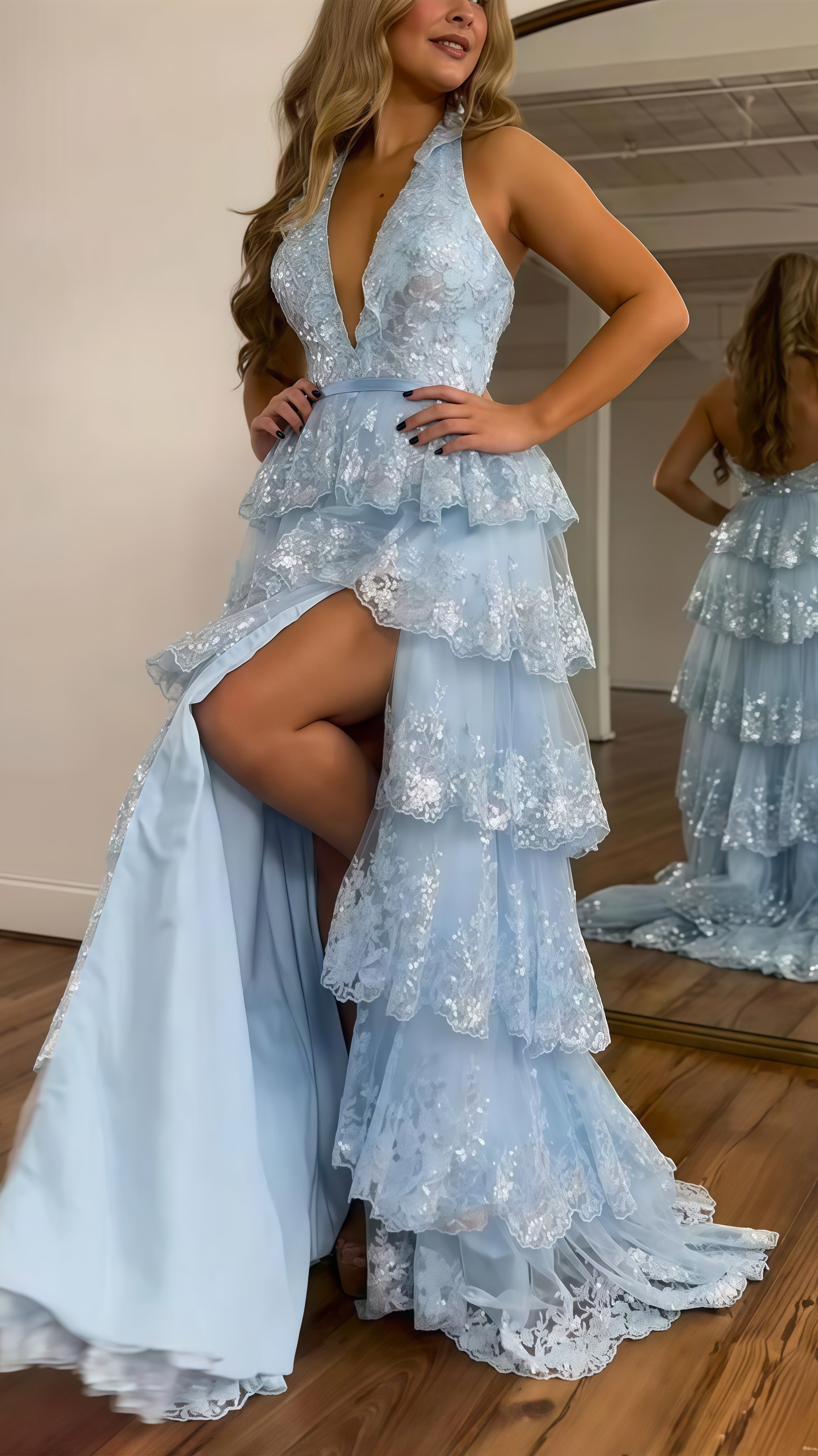 Halter V-Neck Appliques Ruffles Long Classy Prom Dress