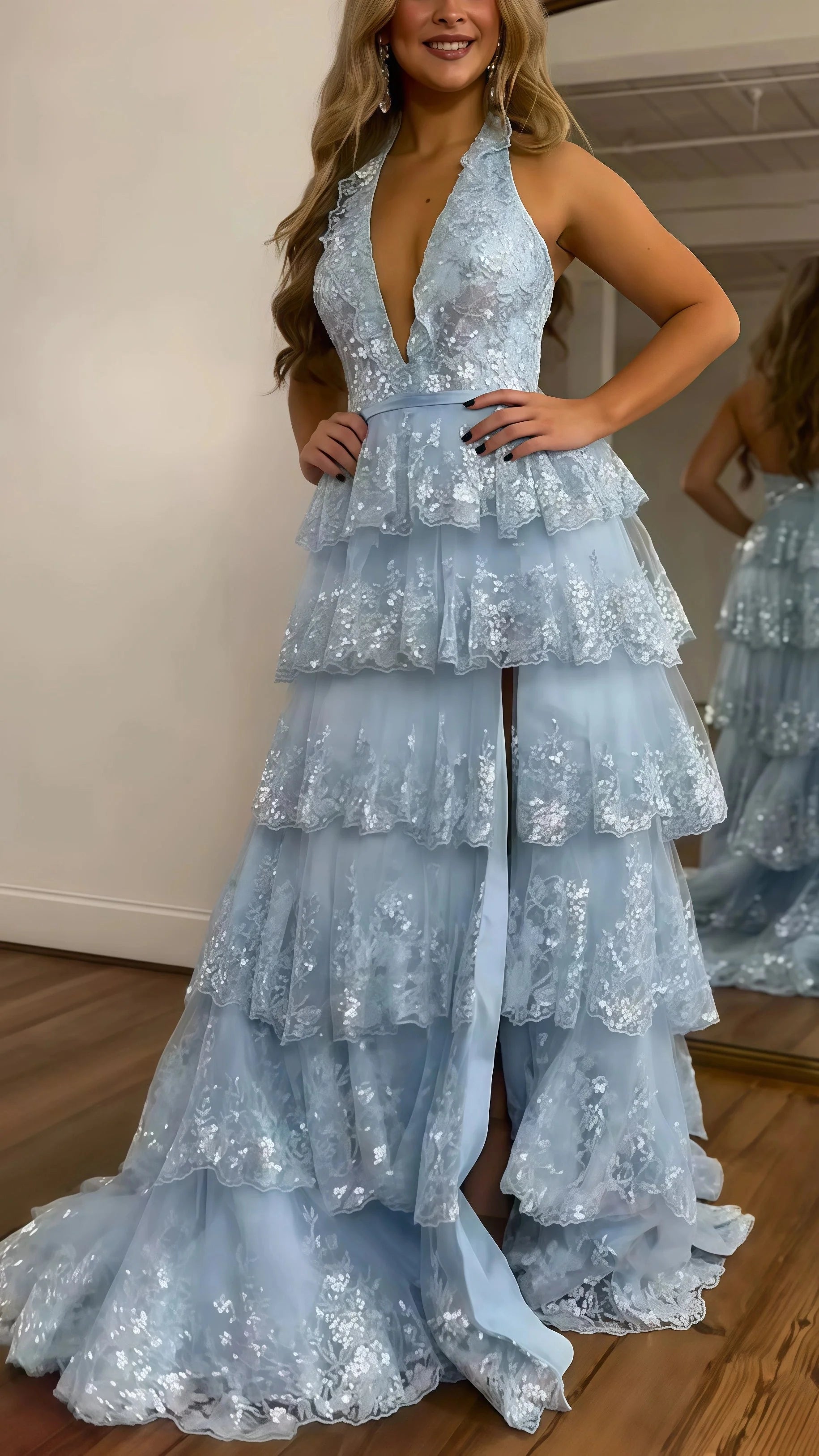 Halter V-Neck Appliques Ruffles Long Classy Prom Dress Main image