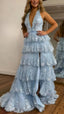 Halter V-Neck Appliques Ruffles Long Classy Prom Dress