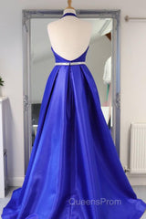 Halter V Neck Backless Blue Long Evening Prom Dress with Belt, Backless Blue Formal Evening Dress