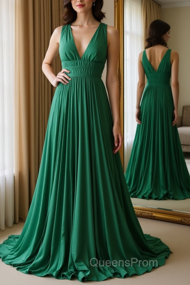 Halter V Neck Backless Emerald Green Satin Long Evening Prom Dress, Backless Emerald Green Formal Graduation Evening Dress Main image