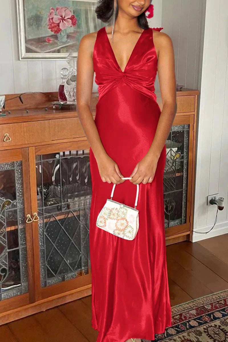 Halter V-Neck Classy Prom Dress Pleated Satin Sleeveless Long Classy Prom Party Dress