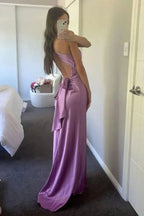 Halter V-Neck Classy Prom Dress Pleated Satin Sleeveless Long Classy Prom Party Dress