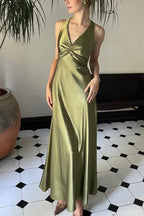 Halter V-Neck Classy Prom Dress Pleated Satin Sleeveless Long Classy Prom Party Dress