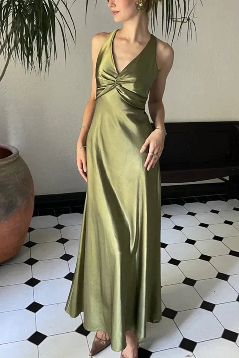 Halter V-Neck Classy Prom Dress Pleated Satin Sleeveless Long Classy Prom Party Dress
