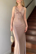 Halter V-Neck Classy Prom Dress Pleated Satin Sleeveless Long Classy Prom Party Dress