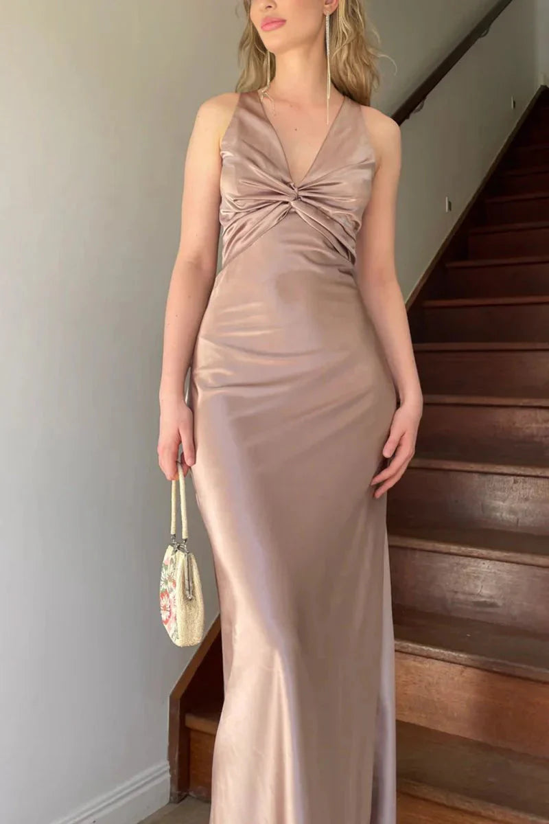 Halter V-Neck Classy Prom Dress Pleated Satin Sleeveless Long Classy Prom Party Dress