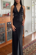 Halter V-Neck Classy Prom Dress Pleated Satin Sleeveless Long Classy Prom Party Dress