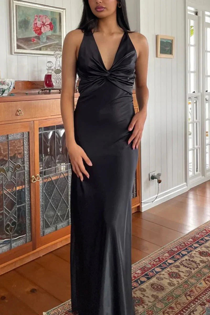 Halter V-Neck Classy Prom Dress Pleated Satin Sleeveless Long Classy Prom Party Dress