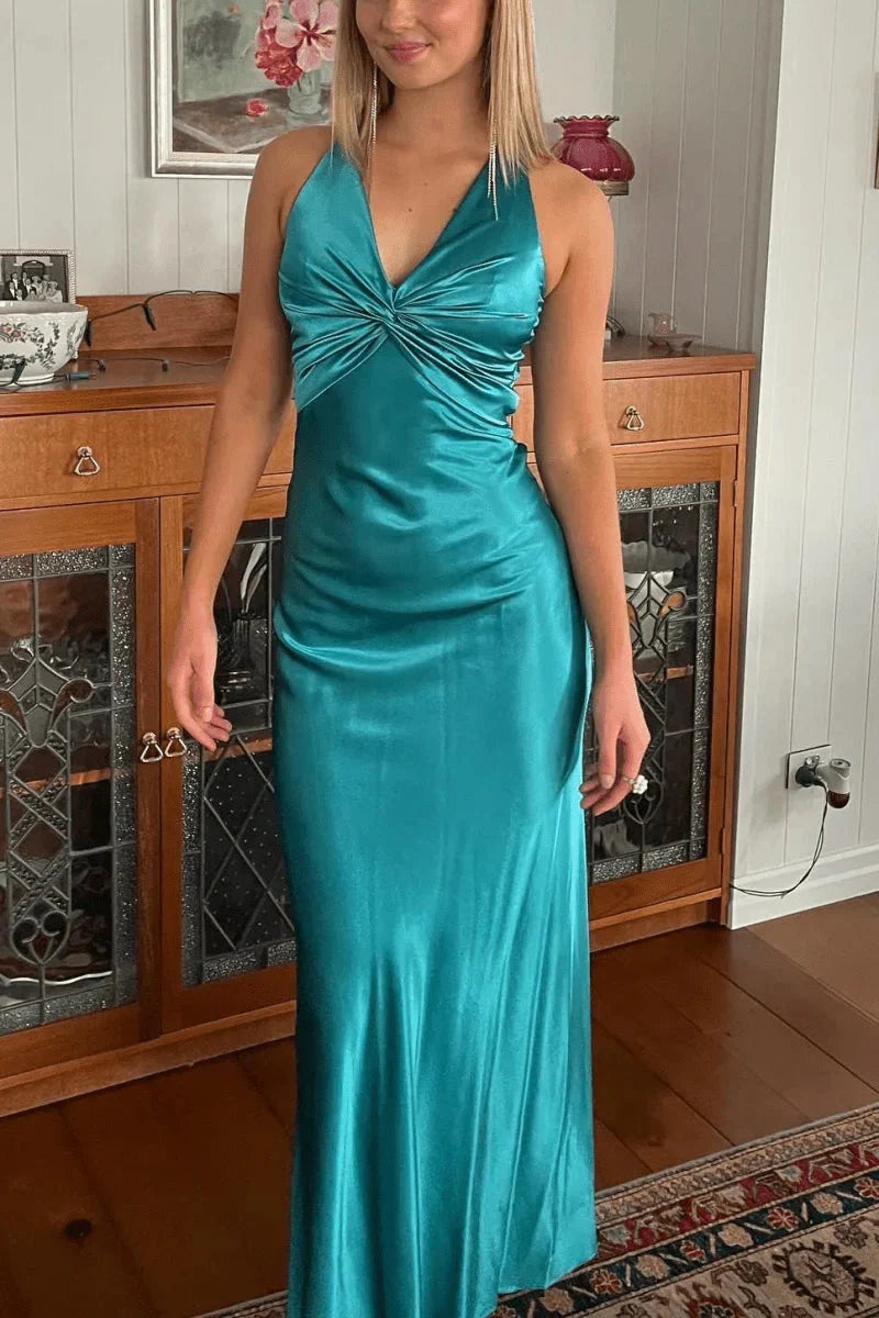 Halter V-Neck Classy Prom Dress Pleated Satin Sleeveless Long Classy Prom Party Dress Secondary image