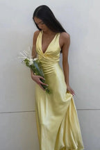Halter V-Neck Classy Prom Dress Pleated Satin Sleeveless Long Classy Prom Party Dress