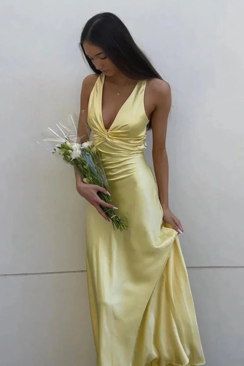 Halter V-Neck Classy Prom Dress Pleated Satin Sleeveless Long Classy Prom Party Dress