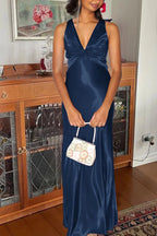 Halter V-Neck Classy Prom Dress Pleated Satin Sleeveless Long Classy Prom Party Dress