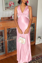 Halter V-Neck Classy Prom Dress Pleated Satin Sleeveless Long Classy Prom Party Dress