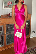 Halter V-Neck Classy Prom Dress Pleated Satin Sleeveless Long Classy Prom Party Dress