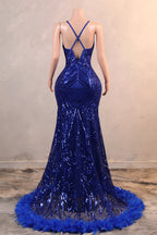Halter V-Neck Royal Blue Sequin Sparkle Feathers Prom Dresses