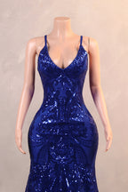 Halter V-Neck Royal Blue Sequin Sparkle Feathers Prom Dresses