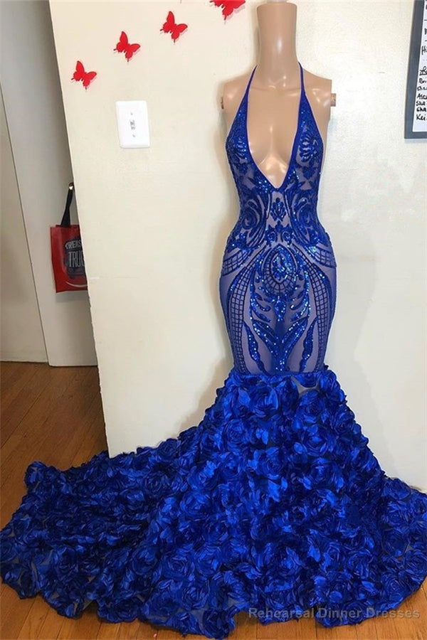 Halter V-neck Sequins Flower Button Mermaid Prom Dresses Main image