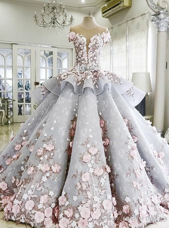 Haute Couture Ball Gown Blue Appliques Wedding Dress